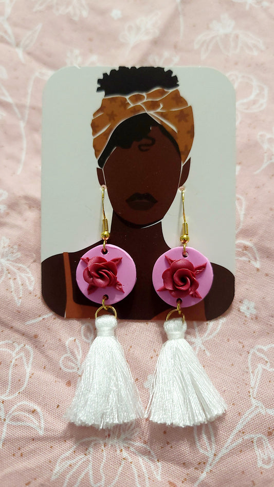 Red Rose w White Tassel Dangle Earrings