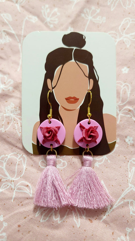 Red Rose w Pink Tassel Dangle Earrings