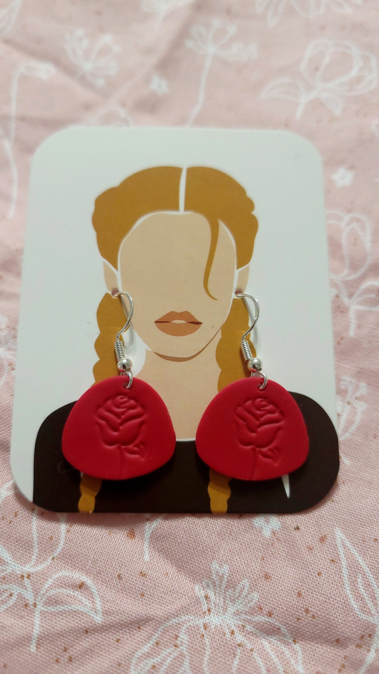 Red Stamped Rose Dangle Earrings